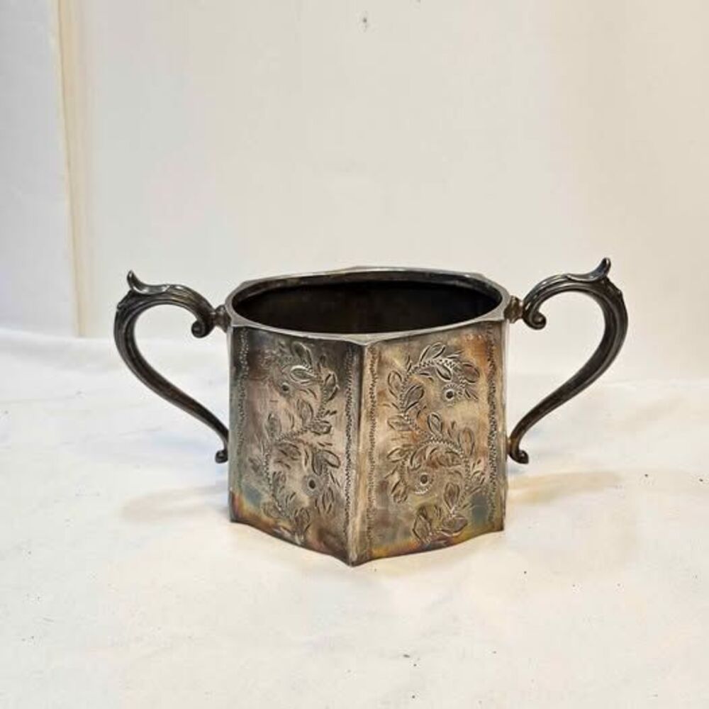 Vintage Silver-Plated Engraved Sugar Bowl